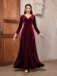Abito da donna elegante in <span class=keywords><strong>velluto</strong></span> con collo a V a <span class=keywords><strong>maniche</strong></span> <span class=keywords><strong>lunghe</strong></span> stringe vita abito da sera per banchetti autunno inverno - Product Image 5