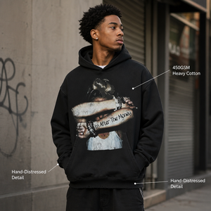 Sudadera con Capucha para Hombre, Estilo Urbano, 100% Algodón, 450 g/m², Lavado Vintage, Desgastada, con Estampado Gráfico, Talla Grande, Transpirable - Product Image 6
