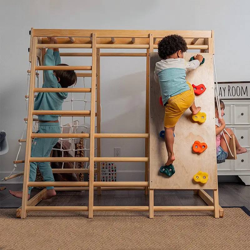 Set permainan pendaki kayu, gaya Montessori, panjat dan slide play dalam ruangan