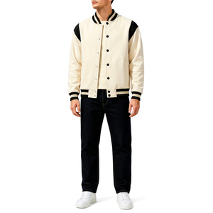Blouson universitaire pour homme noir à manches contrastantes, col rabattu, fermeture boutonnée, style décontracté, coupe régulière, coupe-vent pour l'automne - Product Image 1