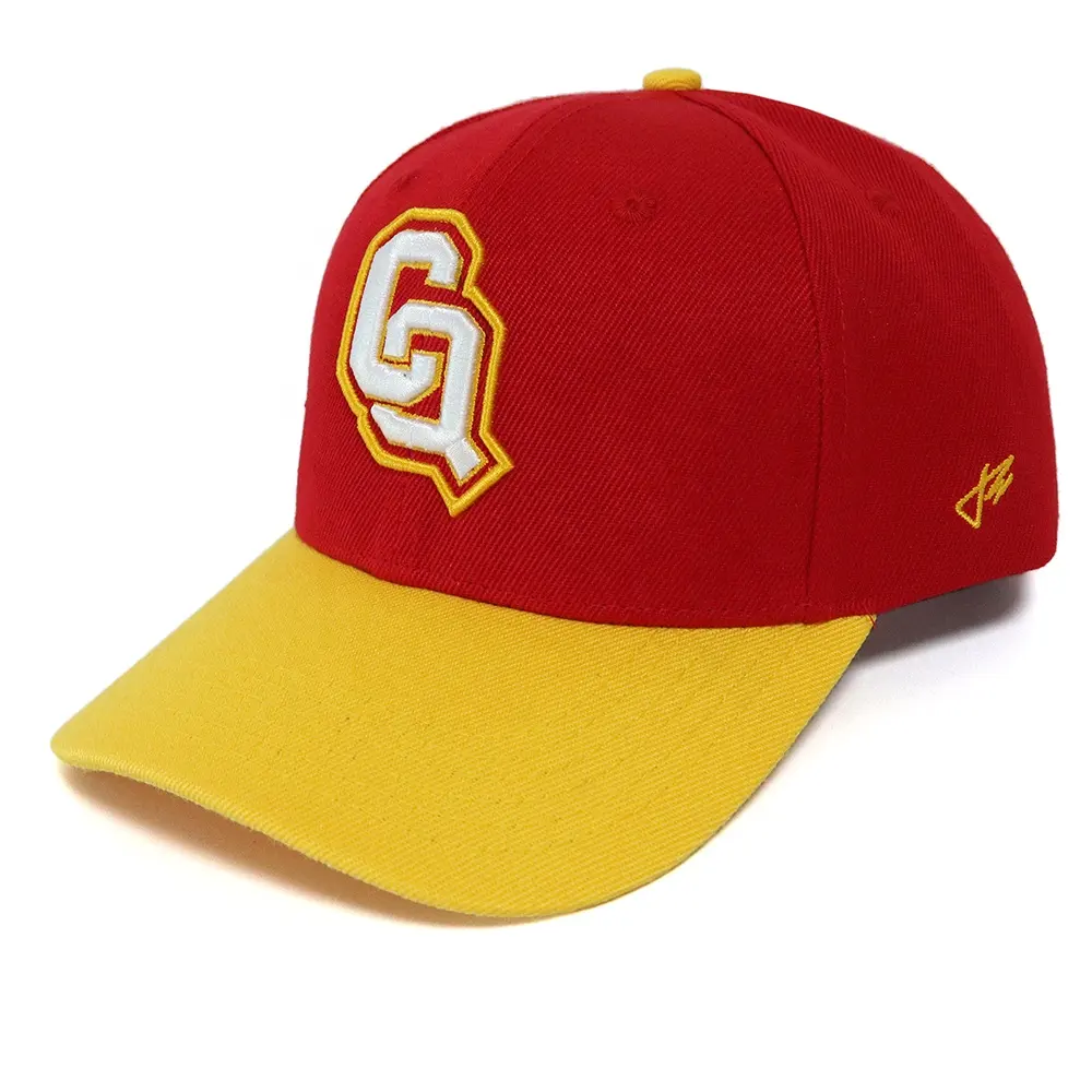 Высококачественные бейсбольные кепки с вышивкой, 6 панелей, желтые с красной командной акриловой шапкой