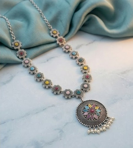 DIVYORO Multi Color Floral Medallion Oxidized Long Classic Wedding Elegant Designer <b>Statement</b> <b>Necklace</b> and Earrings Set - Product Image 1