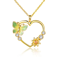 Collier pendentif coeur fleur zircon papillon en émail plaqué or en argent sterling S925