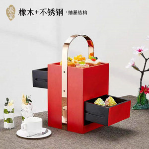 Portable Wooden <b>Storage</b> <b>Box</b> With Handle Rectangle Double Layer For Party Snacks Cake Pastry Tea - Product Image 4