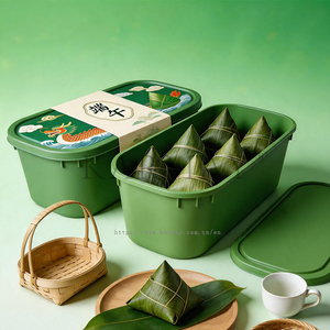 Green Rectangular <b>Plastic</b> Storage Box with <b>Lid</b> for Zongzi Food Grade PP <b>Container</b> Decorative Design Dragon Boat Festival Use - Product Image 4