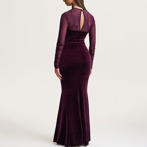 Vestido de Noche Formal para Mujer, Sin Tirantes, Manga Larga, de Terciopelo, Corte Sirena, Ajustado al Cuerpo, con Malla Transparente - Product Image 4