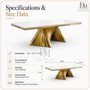 Table de salle à manger haut de gamme en acier inoxydable doré avec plateau blanc et bases à double ventilateur, fournisseur en gros pour banquets de mariage - Product Image 4