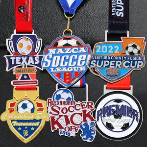 Medalhas de ouro e prata para esportes, medalha 3D de metal personalizada em liga de zinco para futebol e futebol, com fita, fabricação por atacado