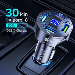 Pengisi daya mobil dengan tampilan digital LED, adaptor cepat 4 in 1 Port USB QC3.0 stasiun pengisian daya mobil