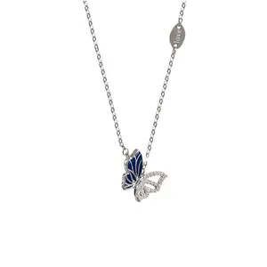 Collar de mariposa azul volador, diseño hueco de Plata de Ley 925, Zirconia cúbica de Plata de Ley 925, chapado en oro blanco delicado