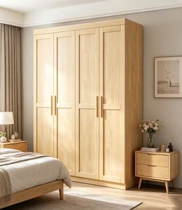 Armoire scandinave moderne en bois avec portes battantes style Shaker, poignées en bois massif, meuble de chambre autoportant grande capacité - Product Image 5