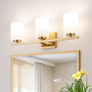 Applique murale moderne de luxe en or poli à 3 lumières pour salle de bain, au-dessus du miroir, avec abat-jour en verre blanc - Product Image 2