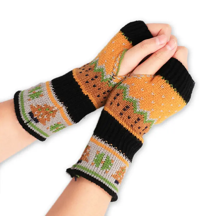 Women Winter Warm Knit Fingerless Gloves Hand Crochet Thumbhole Christmas Arm Warmers Mittens Gift