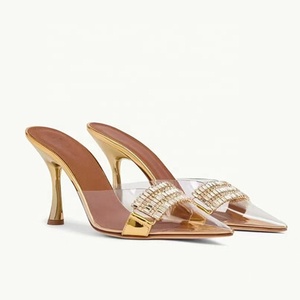 Mules à talons fins en PVC pour femmes, sandales transparentes à diamants, chaussures sexy et tendance, pantoufles de soirée argentées pour femmes - Product Image 4