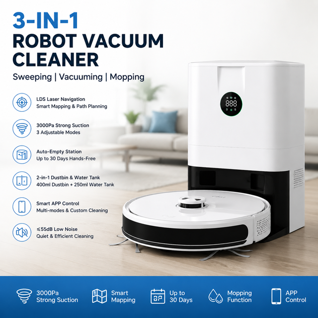 Commercial Robot Vacuum Cleaner with Auto Empty Station 3-in-1 Sweeping Mopping LDS Lidar Navigation 2000Pa Suction App Control