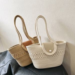 Bolsos de algodón tejido para la playa de verano, bolso tipo cubo de gran capacidad para mujer, bolso cruzado de un solo hombro a la moda, bolsos de compras para mujer - Product Image 1