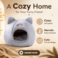 Lit rond pour chat avec design tête de chat, motif uni, respirant et imperméable, niche fermée de style villa pour chiens et chats