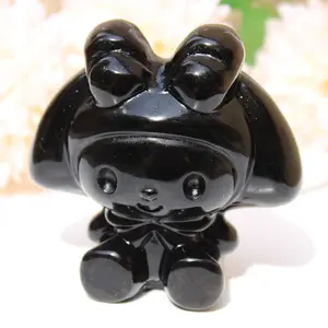 Wholesale Price 3 inch Natural Black Obsidian Palm Size Crystal Sanrio Kuromi My Melody Carving