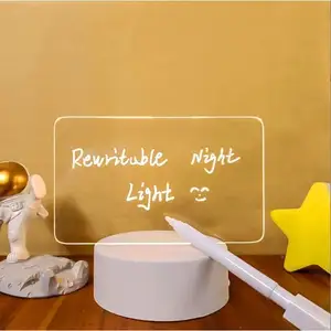 Luminária de mesa LED DIY personalizada para mesa, acrílico, caneta de mesa com base de madeira oval, caneta de mesa com mensagens apagáveis e escrita livre