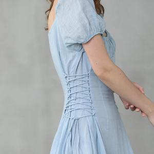 Vestido de Playa con Cinturón a Precio de Mayoreo, Vestido de Lino Vintage con Cuello de Lazo y Manga Corta, Vestido Elegante de Verano para Mujer - Product Image 5