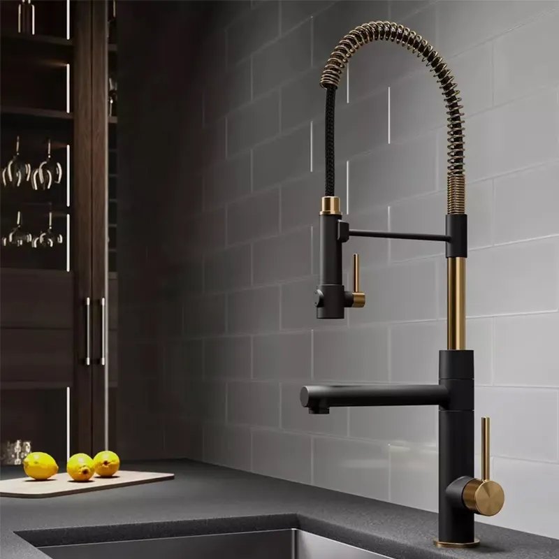 Luxury High Arc Pre-Rinse Kitchen Faucet Deck Mounted Pot Filler Brushed Gold black Pull Down Spring Spout sink Tap