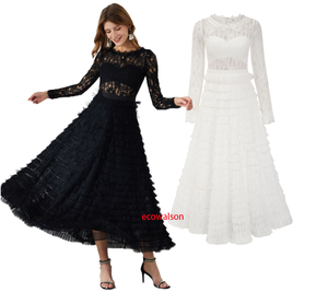 Nouvellement publié à manches longues robe trapèze élégante dentelle creuse transfrontalière pour les banquets et les fêtes couleur unie longueur au sol - Product Image 1