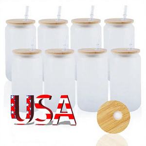 Entrepôt USA : Verre à bière droit transparent givré de 16 oz, vierge pour sublimation, avec couvercle en bambou et base en argile - Product Image 1