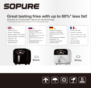 SOPURE Digital Air Fryer 6.0L <b>PTFE</b> Non-Stick Square Design Detachable Handle Multifunctional Electric Intelligent Timing Class - Product Image 2