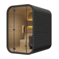 Sauna Moderna Tipo Cubo para 2-4 Personas, Sauna Exterior Cuadrada de Madera Sólida con Puerta Panorámica de Vidrio y Luz LED para Jardín