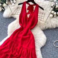 Robe longue d'été pour femme, style vacances, dos nu, rouge, à volants, jupe à volants superposés, amincissante, pour la plage