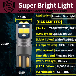 Bombillas LED <span class=keywords><strong>T10</strong></span> W5W 3030 6SMD Súper Brillantes para Interior de Coche, Luz de Lectura, Luz de Techo, Luz de Posición Lateral, Luces de Estacionamiento, Accesorios para Coche - Product Image 2