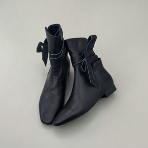 2026 Korean Style Niche Genuine Leather Square Toe Bow <b>Tie</b> Ankle Boots For Women Casual Shoes - Product Image 1