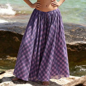 Classic Purple Plaid Breathable Summer Maxi <b>Skirt</b> for Women Elastic Waist A-Line <b>Full</b> Swing Flowy Casual - Product Image 5