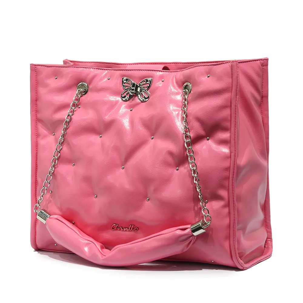 Mode Damen handtasche Einkaufstasche PU Leder Flauschige Kette Griff Schmetterling Schloss Nieten China Anpassung Damen handtaschen