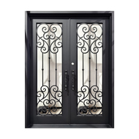 Porte d'entrée principale en fer forgé double au design moderne pour villa, avec verre trempé, forte sécurité, extérieur, appartement, prévention des incendies