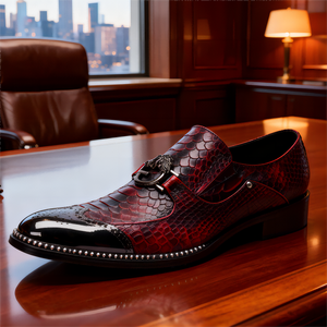 Chaussures habillées de luxe pour hommes, style Oxford plates à bout pointu en cuir bordeaux, à enfiler, pour l'automne, modèle tendance - Product Image 6