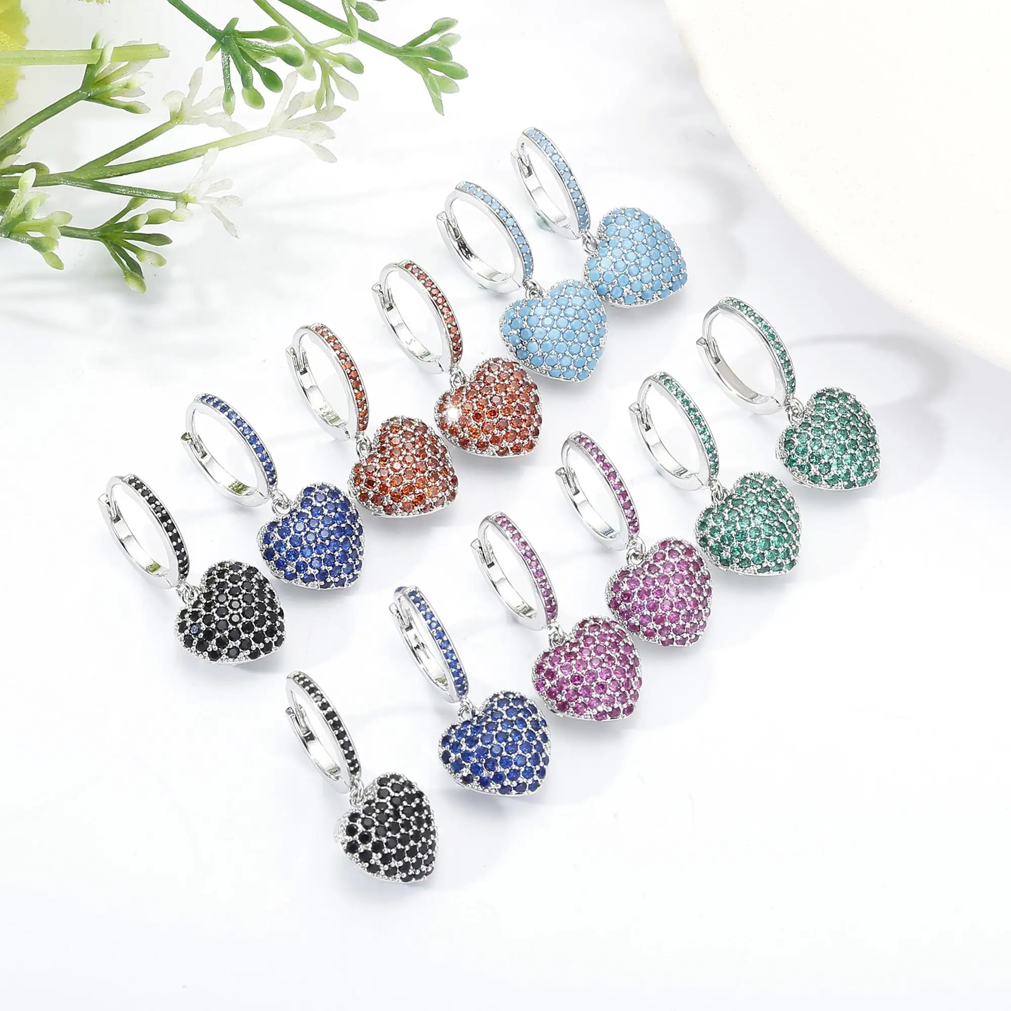 Jewelry Trendy Women Friend Gift 3 Colors CZ Crystal Small Peach Heart Drop Earring Cubic Zircon Circle Hoop Earrings