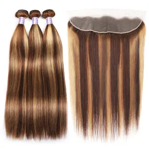 Top quality highlight bundle Piano color hair bundles,P4/27 straight hair weave ombre blonde highlight bundles with closure