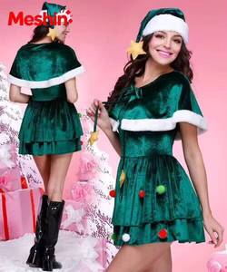 Disfraz de Navidad para Mujer Adulta, Vestido Verde con Gorro de Árbol de Navidad, Chal Elegante para Fiesta, Inspirado en Santa Claus - Product Image 2
