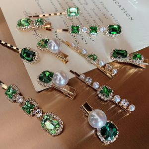 กิ๊บติดผมสำหรับผู้หญิงสไตล์ฝรั่งเศส,กิ๊บติดผมประดับคริสตัลสีเขียวแนวเรโทรหรูหรากิ๊ฟติดผมบ๊อบบี้ - Product Image 1