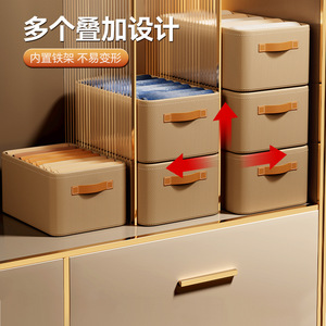 Clothes <b>Storage</b> Box Rectangle Foldable <b>Stackable</b> <b>Drawer</b> Type Khaki Extra Large 34L Solid Color Household Organizing Basket - Product Image 3