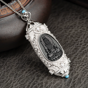 Pendentif Bouddha en jade noir véritable naturel, esprit protecteur du zodiaque, avec perle céleste incrustée d'argent S925 et pierre de naissance - Product Image 5