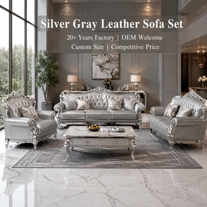 C005 Juego de Sofás de Cuero Tallado Plateado de Estilo Europeo de Lujo, Tapicería de Tela de PU y Terciopelo para Sala de Estar de Villa, Venta al por Mayor - Product Image 1