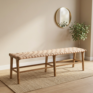 Natural Woven Genuine Leather Teak Wooden Modern Outdoor Dining Room Bench Furniture - Product Image 3