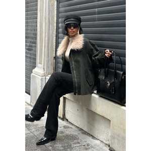 Manteau surdimensionné en jean et velours côtelé imprimé avec col en fourrure de lapin, fermeture éclair et simple boutonnage 6135-08 - Product Image 6