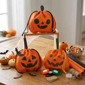 Sac cadeau non tissé à cordon de serrage orange pour citrouille, pochette réutilisable en plastique pour bijoux, idéal pour les cadeaux de fête d'Halloween - Product Image 4