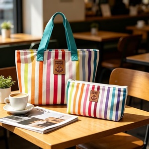 High End Customize Rainbow Striped Canvas Tote Bag Sets with <b>Small</b> Zipper Bag Travel Shopping Tote <b>Purse</b> with Fast Delivery - Product Image 5