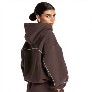 Chándal con Capucha para Mujer, Color Marrón, Corte Holgado, Manga Larga, Color Sólido, Cintura Elástica, Bolsillos Laterales, 100% Algodón, Ropa de Otoño - Product Image 2