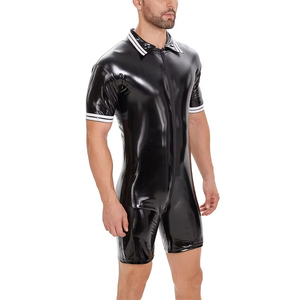 Mono erótico de cuero sintético brillante para hombre, con cremallera en la entrepierna, manga corta, cuello de solapa, ajustado y elástico, ideal para verano. - Product Image 2