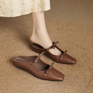 Summer Casual Open Toe Sandals <b>with</b> Double <b>Bows</b> Breathable Anti-Slippery Low Heel Square Toe Slip-On <b>Shoes</b> - Product Image 3